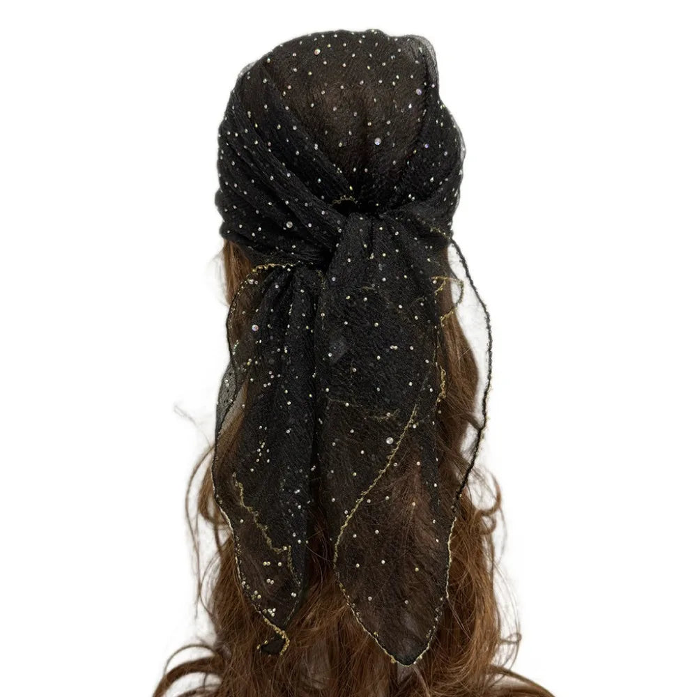 Sparkle Hotfix Rhinestone Square Scarf Sequin Thin Mesh Bandana Qme Black