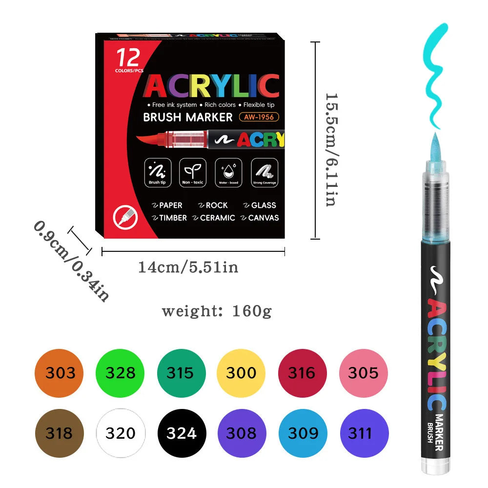 12-72 Colors Acrylic Paint Pen Marker Brush Tip Paint Marker For Rock Painting Wood Canvas Stone Christmas Gift DIY Craft Qme 12 colors
