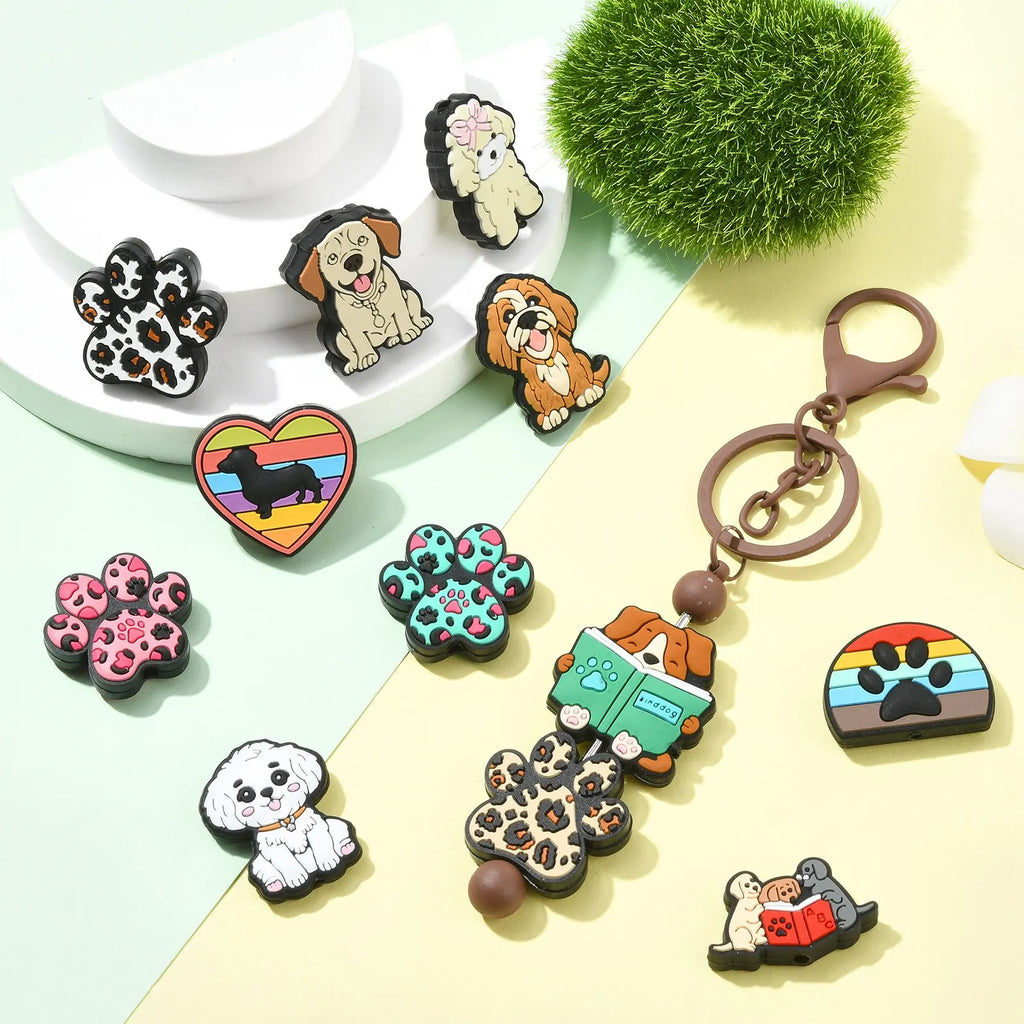 PandaHall 12Pcs Dog Silicone Focal Beads Pet Animal Puppy Silicone Beads Dog Paw Rubber Beads for Beaded Lanyards Jewelry Making Qme