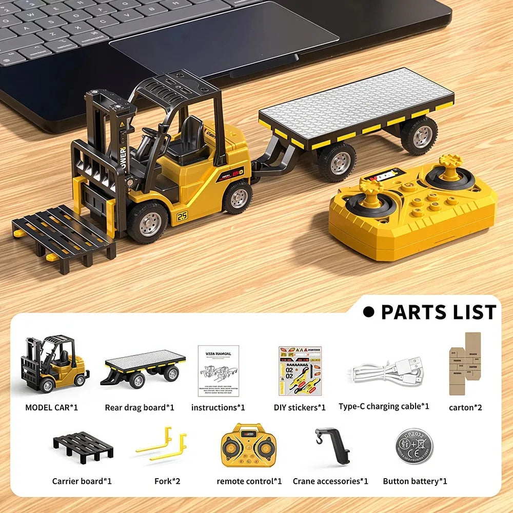 Bluetooth Remote Control Crane And Forklift two-in-one Desktop Mini Alloy Toy Car Model With Trailer Christmas Gift In Color Box Qme Yel-forklift-Trailer