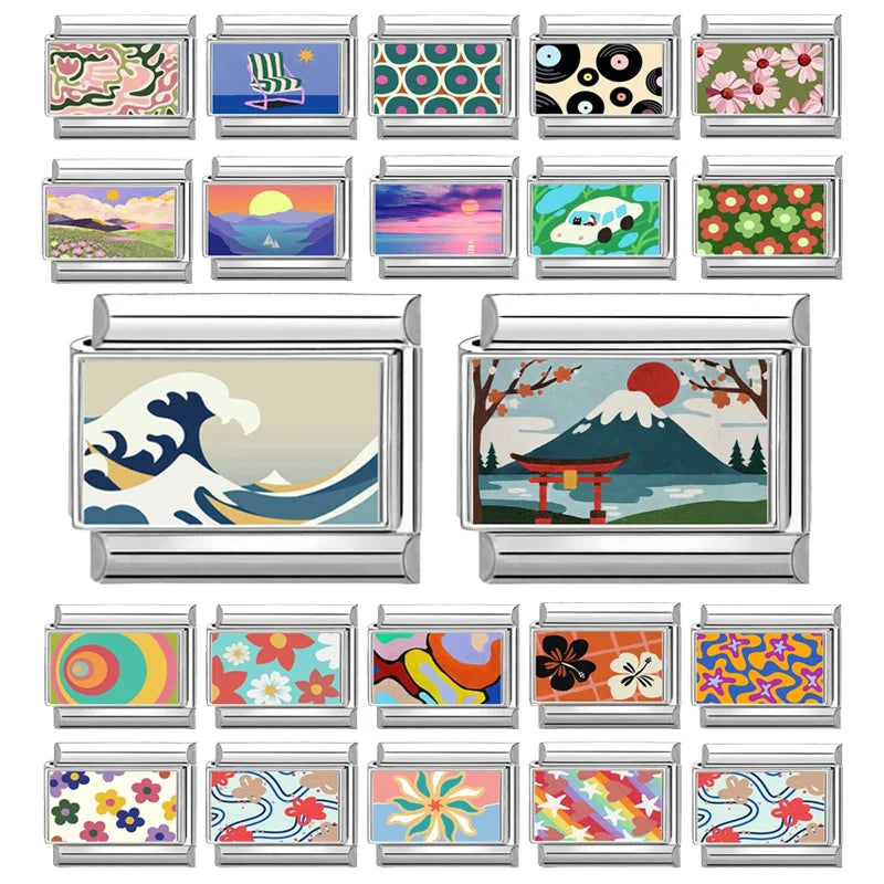 2026 Women's Gift Ukiyoe Seawaves Mount Fuji Italian Charms Links Beads Fit 9mm Stainless Steel Modular Modular Bracelet Jewelry Qme