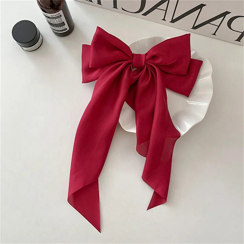 Elegant Bow Ribbon Hair Clip Fashion Simple Solid Satin Spring Pin Qme red