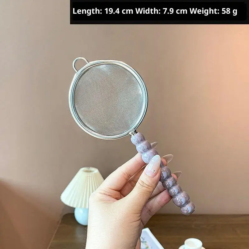 Tea Strainer Pearl Ceramic Handle Stainless Steel Fine Leak Mesh