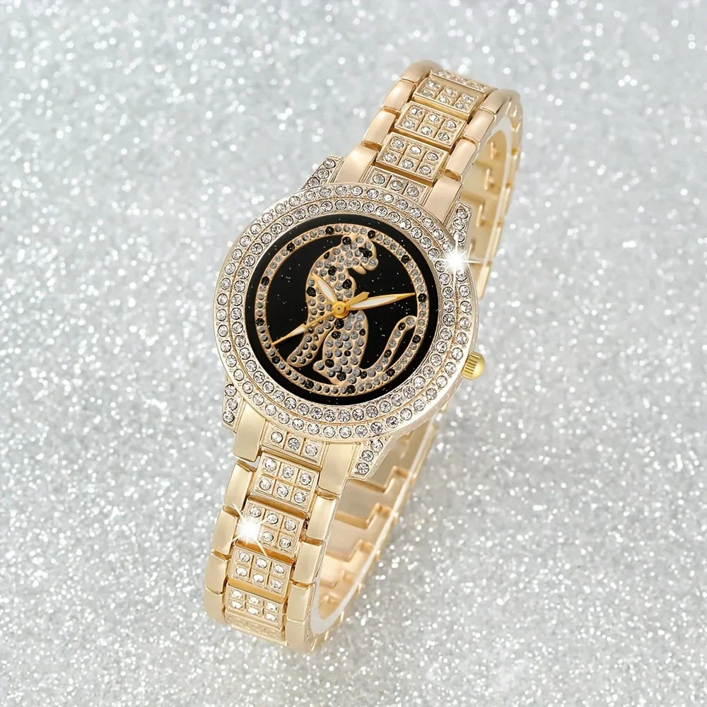 6pcs/set Women's Elegant Cheetah Leopard Quartz Watch Shiny Rhinestone Analog Wrist Watch & Bracelets, Gift For Mom Her Qme