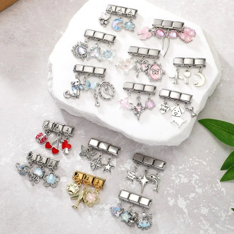 Wholesale Shiny Blue Sun Zircon Stars Moon Sereis Pendant Italian Charm Links Fit 9mm Stainless Steel Bracelet Women DIY Making Qme