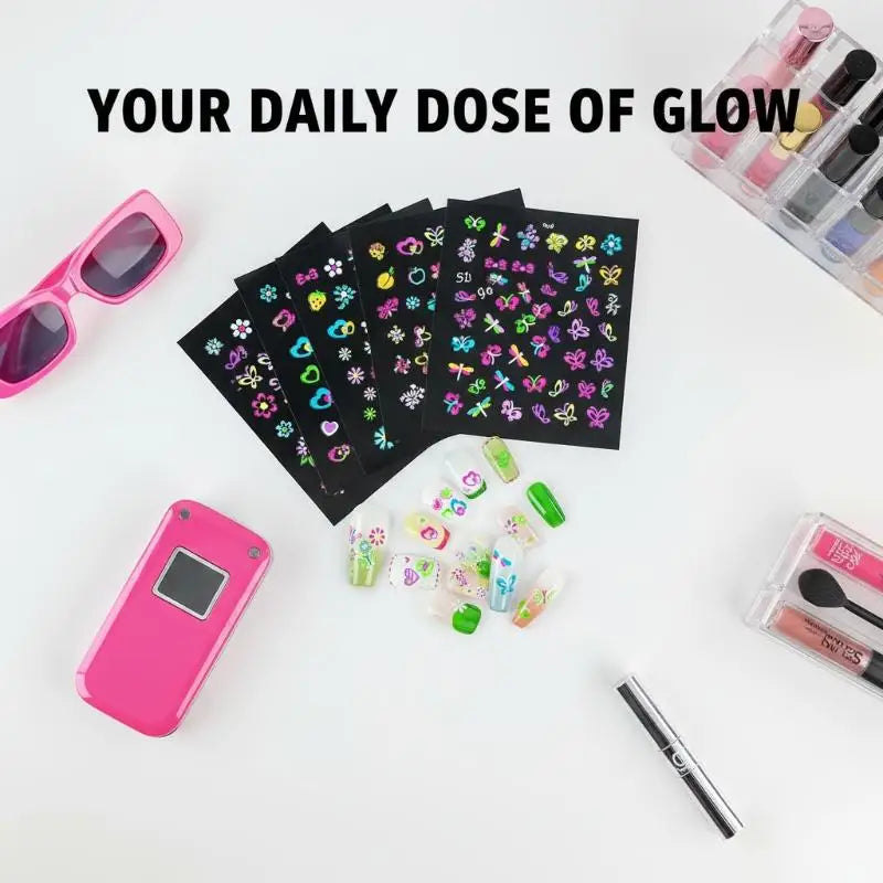 30 Sheets 3D Glow Dark Neon Nail Stickers Glittery Glossy Qme