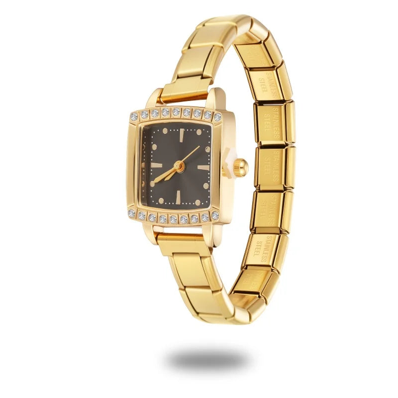 New Vintage High Quality Square Inlaid Zircon Stainless Steel Watch Bracelet Women's 9MM DIY Italian Charm Bangle Jewelry Gifts Qme Style 6