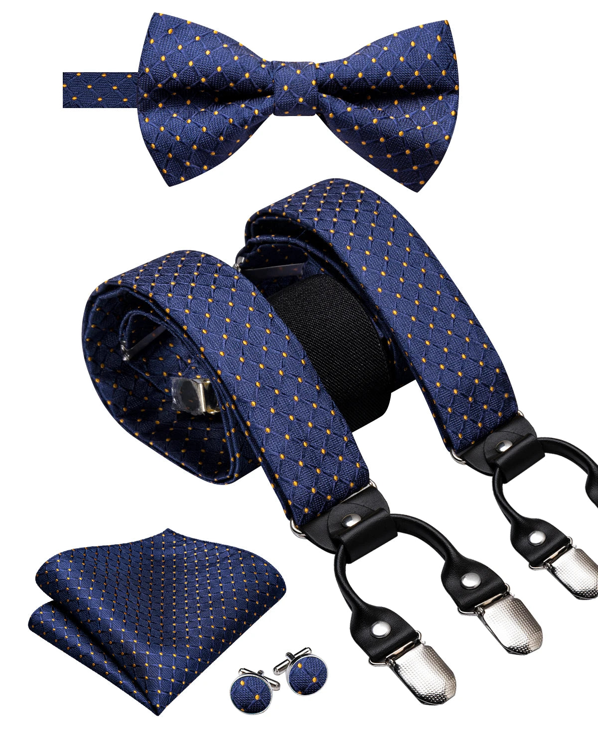 Hi-tie Jacquard Woven Silk Gold Mens Suspender Braces Bow Tie Hanky