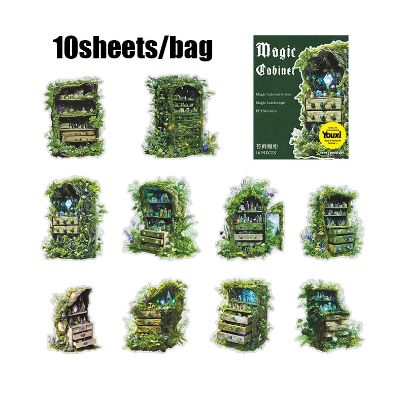 10 Sheets/bag Magic Cabinet PET Stickers for Scrapbooking DIY Journal Planner Collage Art Phone Case Notebook Decoration Qme 2