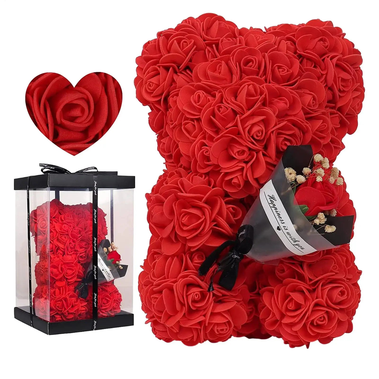 Flower Bear 9.45in Artificial Forever Flower Rose with Clear Box Romantic Gift for Her Handmade Valentine Bear for Home Decor Qme