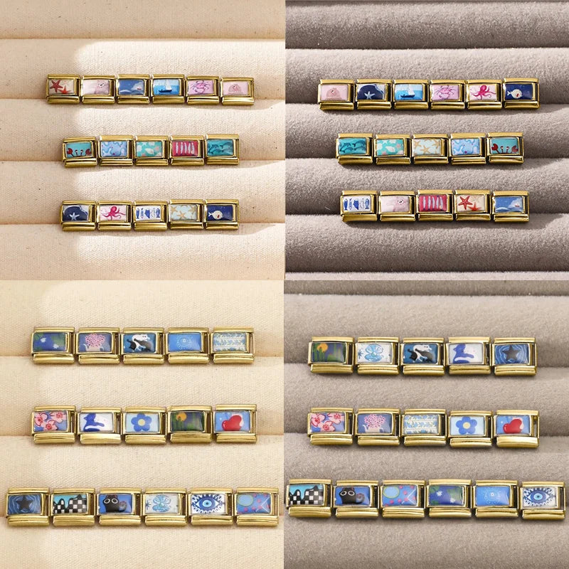 2026 Design Blue Pink Headscarf Kawai Cats Series Italian Charm Links Stainless Steel Fit 9mm Bracelet Jewelry DIY Making Gifts Qme
