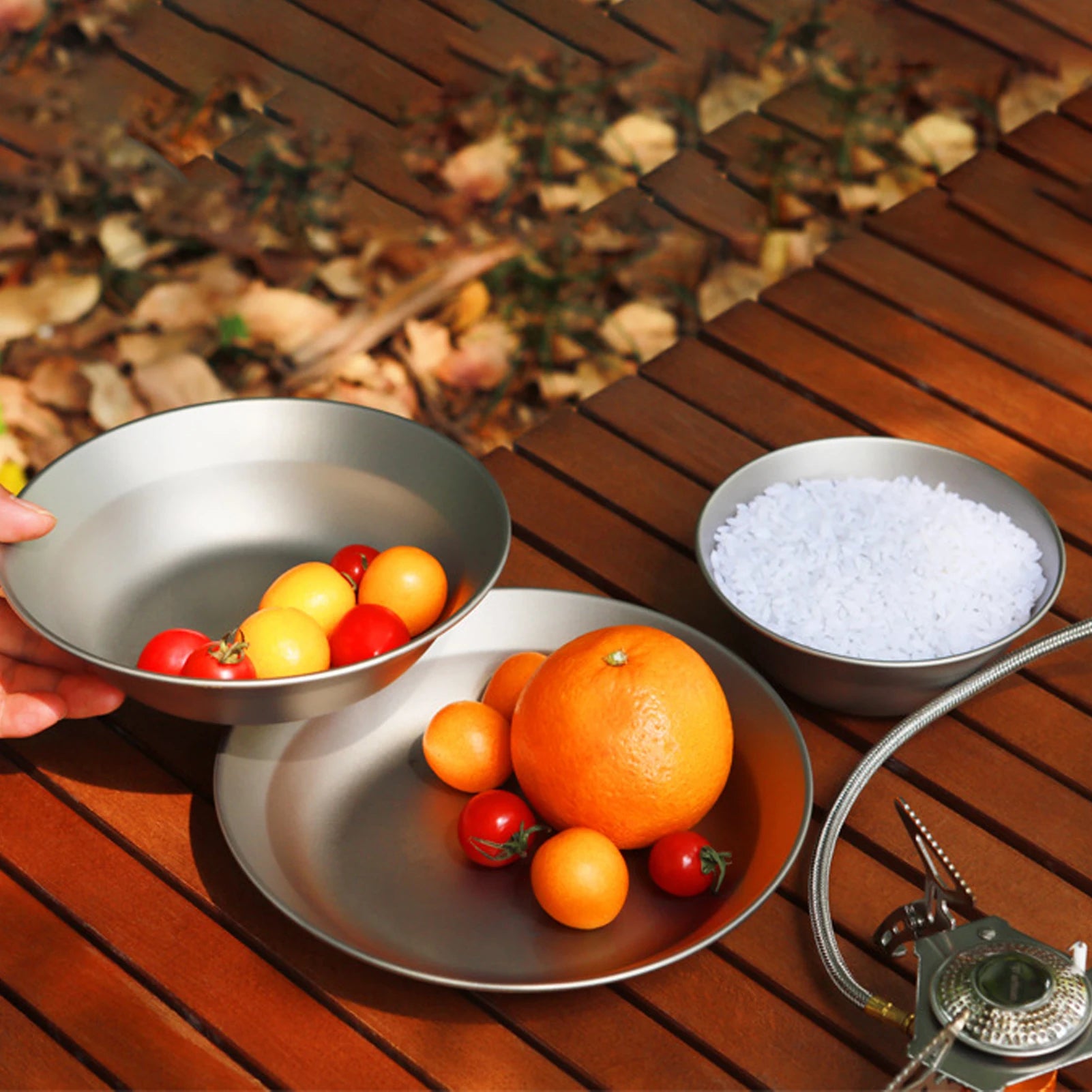 Camping Plates Set Portable Metal Tableware Soup Bowl Dishes with Mesh Bag Ultralight Dinnerware for Hiking Picnic Qme