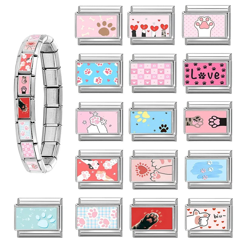 New 2026 Y2K Design Colorful Cute Cat Claw Love Heart Italian Charm Links Fit 9MM Stainless Steel Bracelet DIY Making Jewelrys Qme