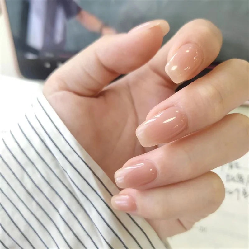 Nude Pink Cat Eye Press-on Nails Reusable Glossy Translucent False Qme
