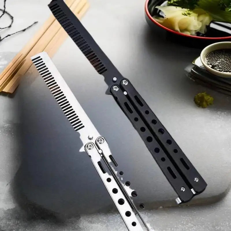 Stainless Steel Foldable Butterfly Knife Comb Hairdressing Styling Qme