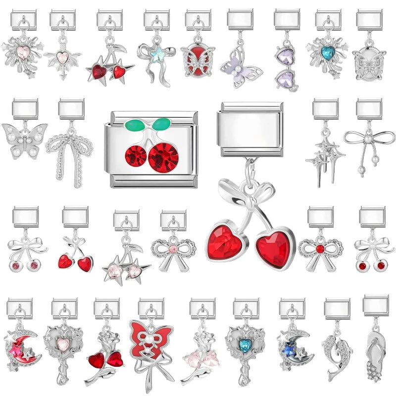 Shiny Colorful Zircon Pendant Series Red Cherry Bow Italian Charm Link Fit 9mm Stainless Steel Bracelet Women Jewelry DIY Making Qme