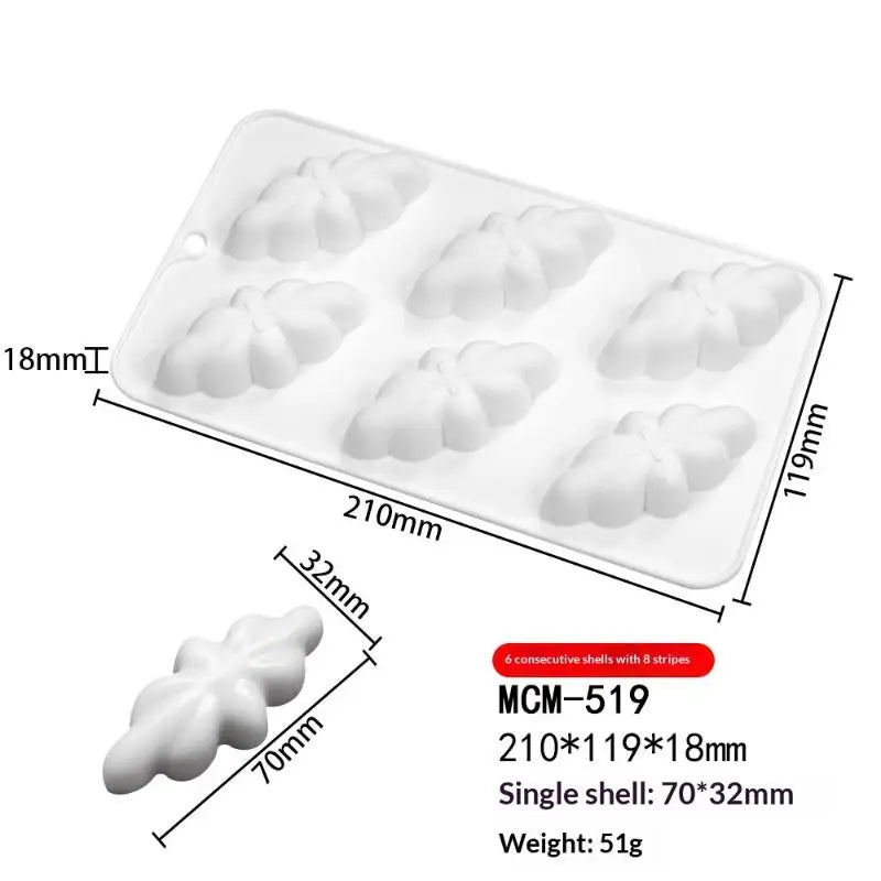6 Cavity Shell Design Pudding Silicone Mousse Mould 3D Candy Qme A4