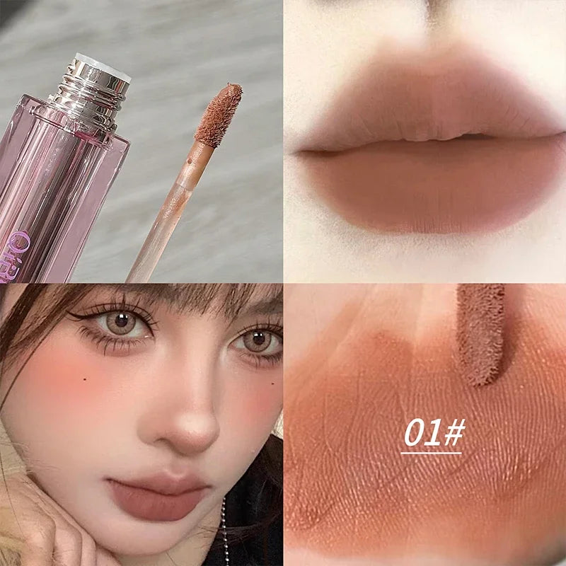 QIBEST Velvet Matte Lip Mud Waterproof Lasting Lipgloss Non-Stick Cup Lipstick Makeup Brown Red Lip Tint Stain Beauty Makeup Qme 01