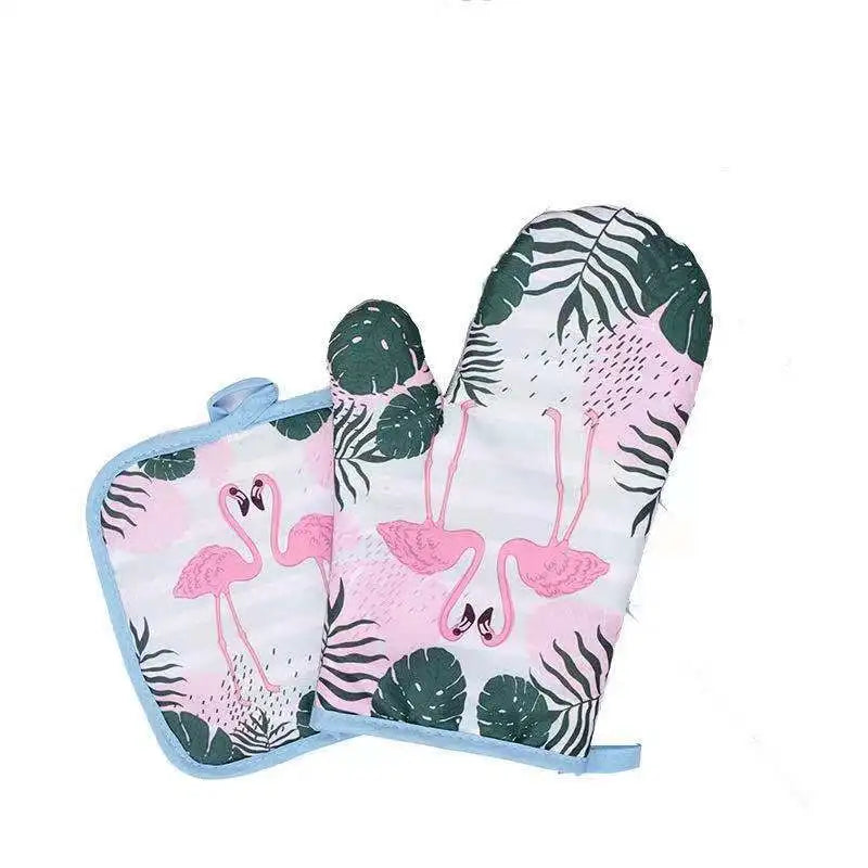 Kitchen Oven Gloves Flamingo Print Heat Resistant Anti-scald Mitts Qme