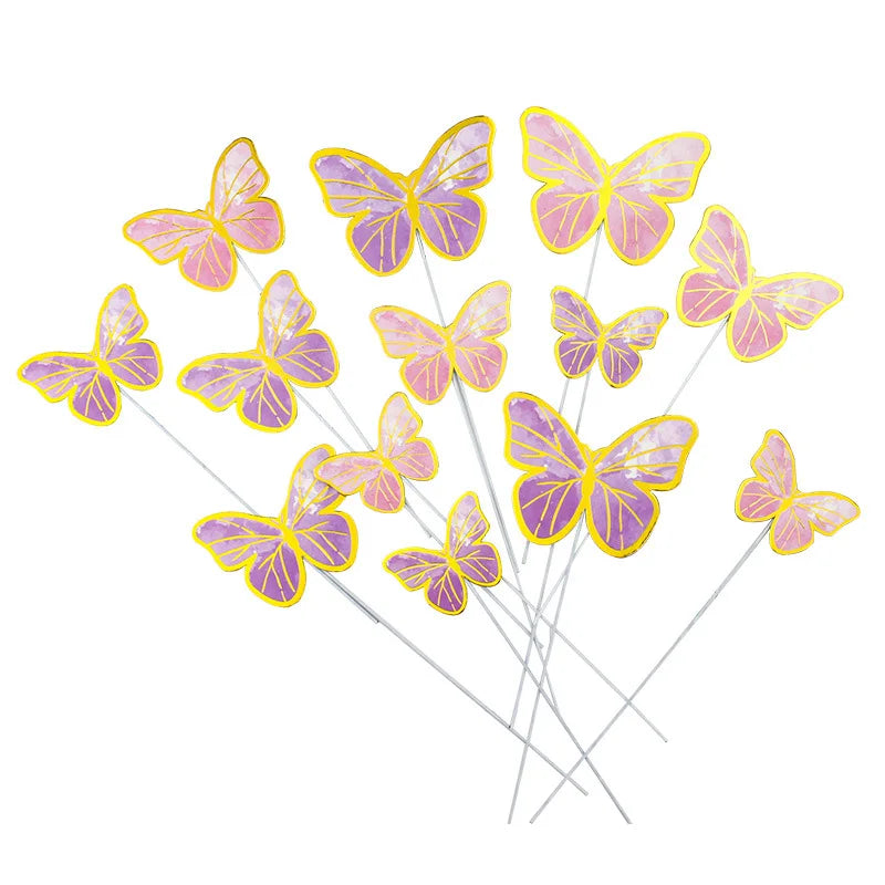10Pcs/Set Butterfly Cake Toppers Painted Butterfly Birthday Cakes Wedding Party Baking Supplies Fairy Decoration Plug-in Card. Qme