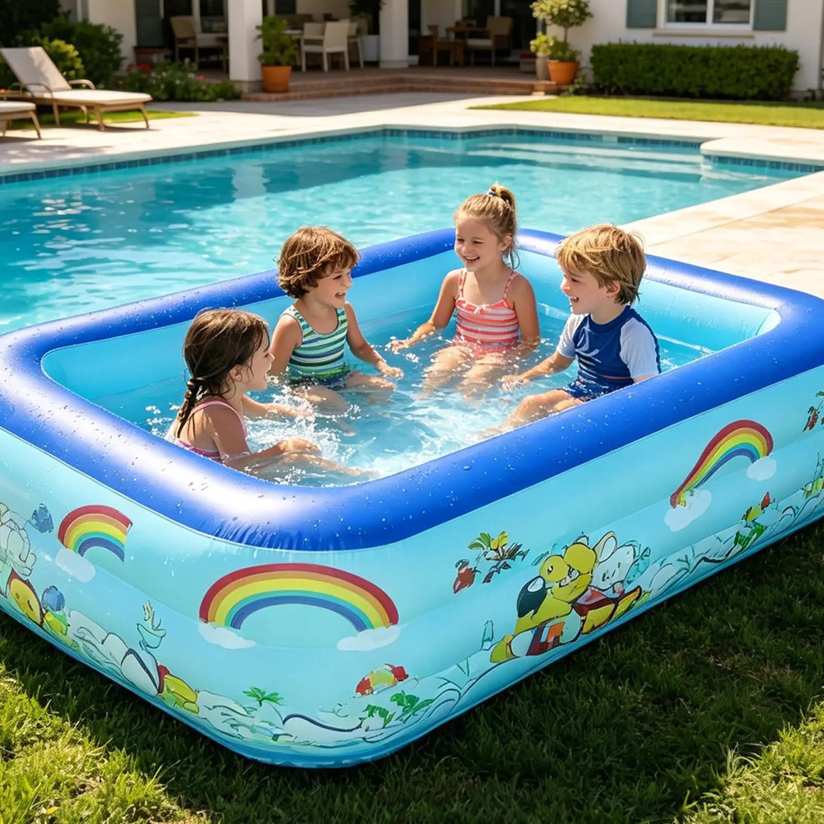 Young Kids Pool Inflatable Rectangle Safe Landing Inflating Kids Pool for Backyard for Students Girls Children Parents Backyard Qme