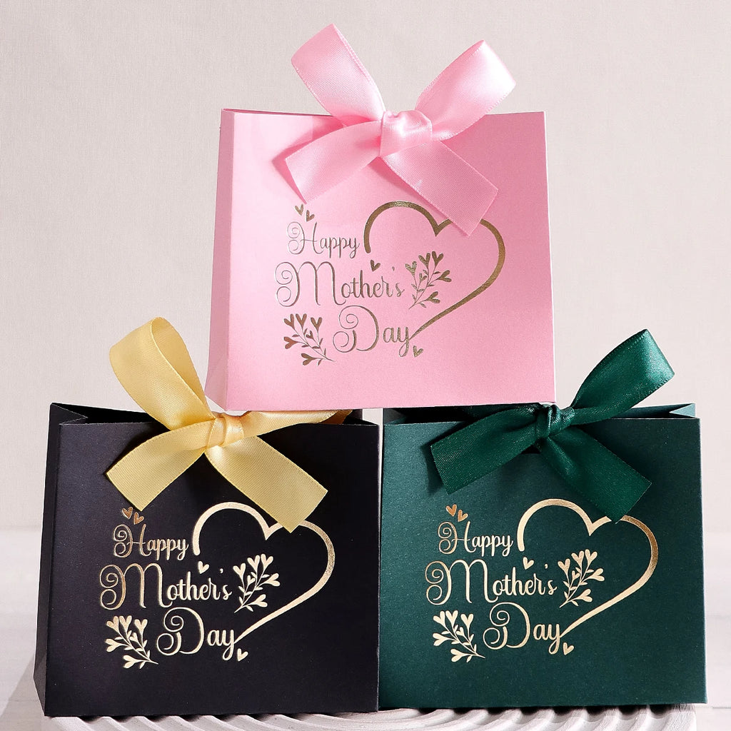 5Pcs Mother's Day Gift Boxes - Small and Elegant Candy Boxes for Mother - Pink and White Design with Gold Paper Printing - Ribbo Qme