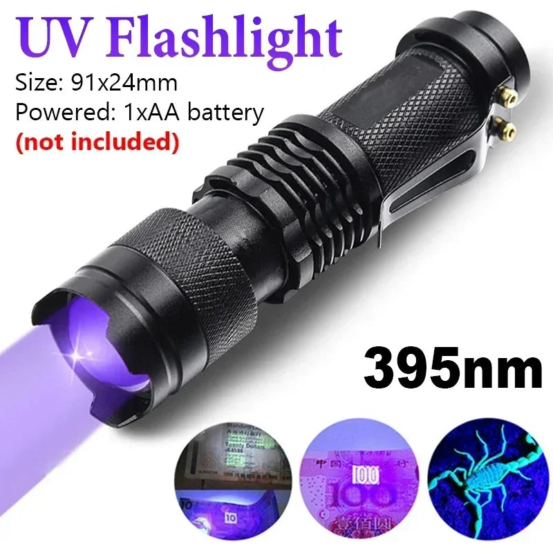 395/365nm UV Flashlight LED Ultraviolet Torch Zoomable Mini Ultra Violet Lights Inspection Lamp Pet Urine Stain Detector Tools Qme 395nm