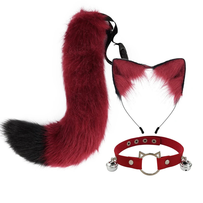 Handmade Simulation Cat Ear Headband Fox Tail Accessories Qme Burgundy