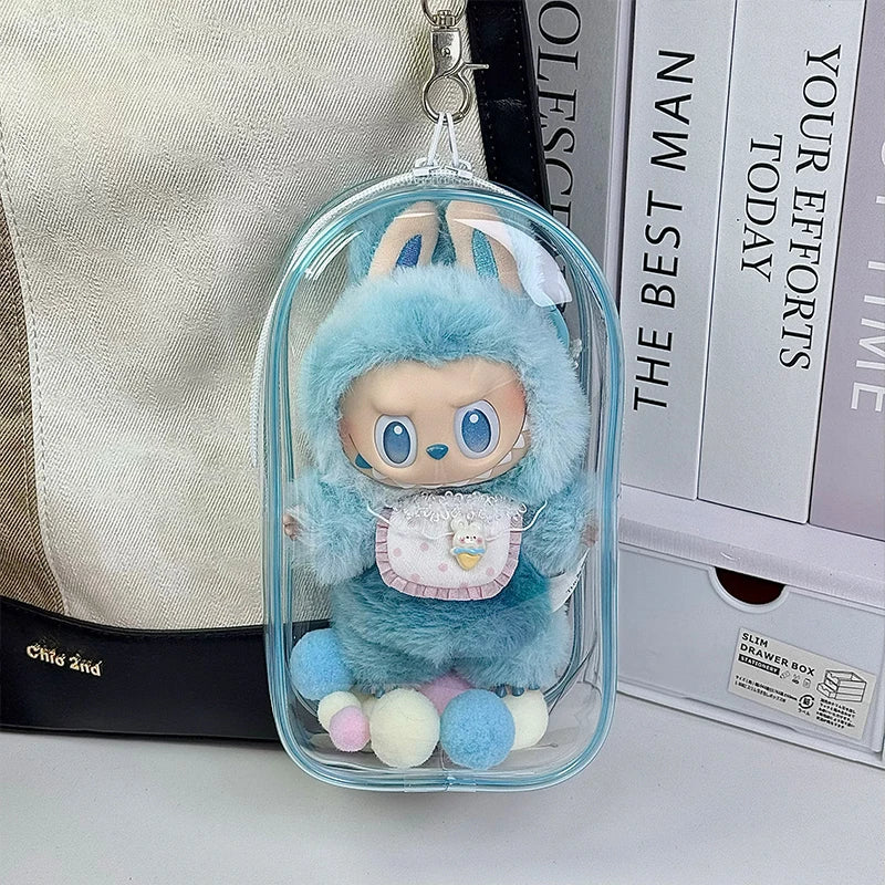 1 Labubu dust cover, PVC transparent portable storage bag for outdoor use, Labubu doll walking bag Qme Blue