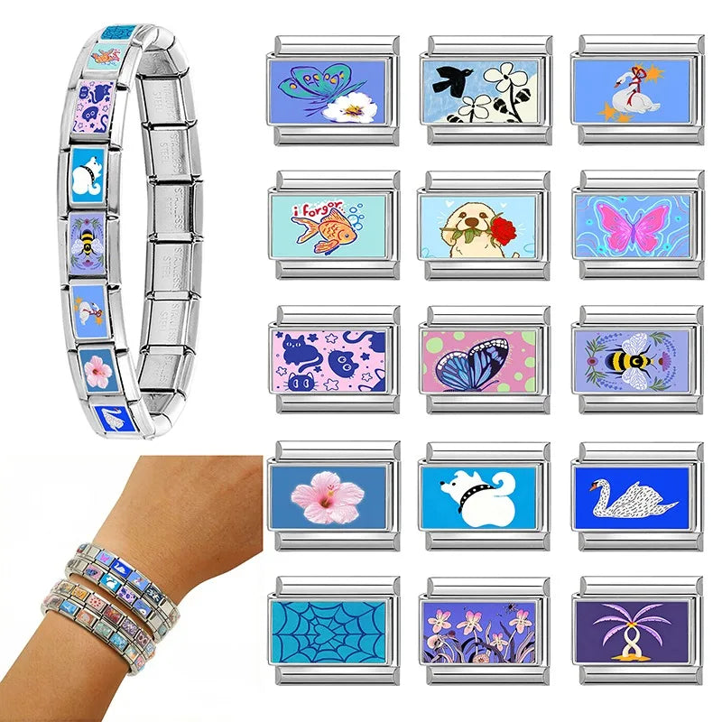 New Y2K Colorful Flowers Butterfly Bees Rose Dogs Swan Italian Charm Links Fit 9MM Stainless Steel Bracelet DIY Making Jewelry Qme