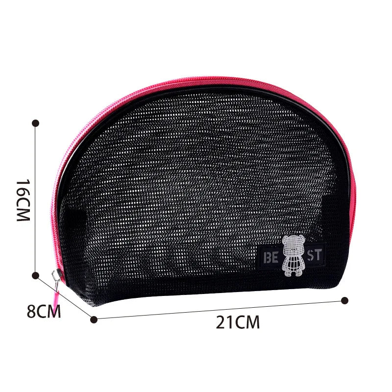 Hot Sale Portable Handheld Toiletries Bag Outdoor Travel Cosmetic Organizer Mesh Toiletry Organizer Trendy Beach Cosmetic Pouch Qme HalfRoundBagBlack