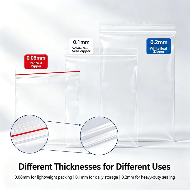Clear Plastic Zip Lock Bags 0.08/0.1/0.2mm Red White Seal Reusable Storage Zipper Bags For Parts Food Travel Sample Packaging Qme