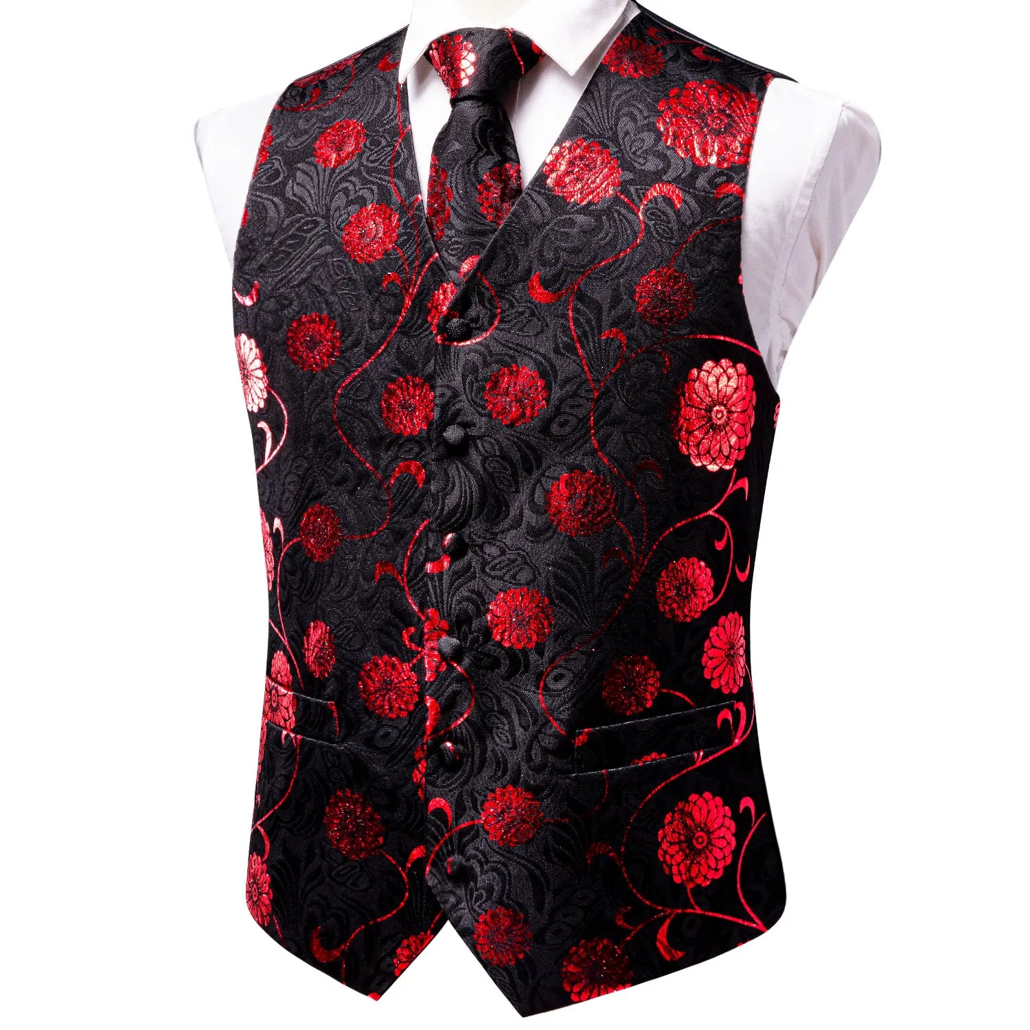 Mens Suit Vest Tie Hanky Cufflinks Jacquard Floral Paisley Waistcoat Qme