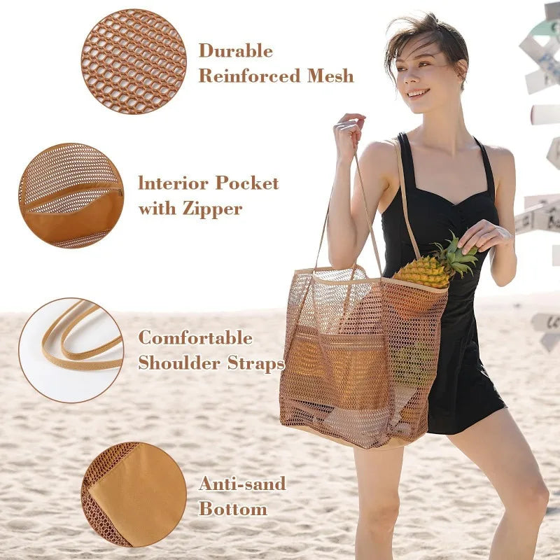 Expandable Mesh Beach Bag Women Foldable Crossbody Tote Spacious Qme