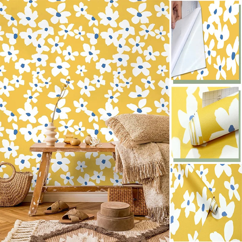 Yellow White Blue Floral Peel Stick Wallpaper Removable Self Adhesive Qme