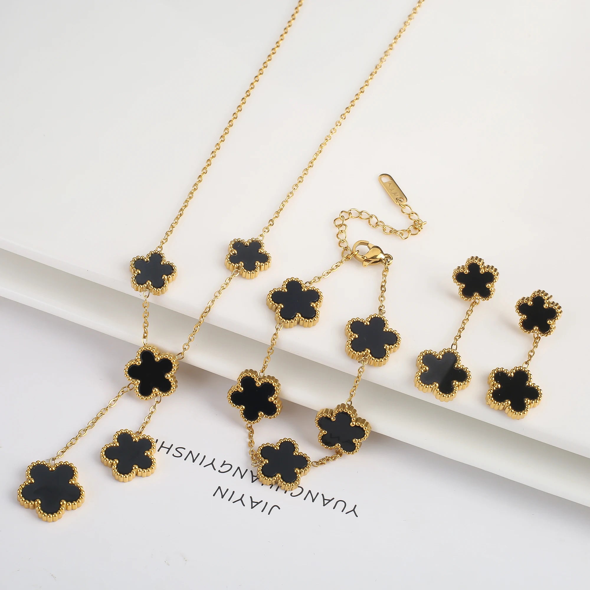 Clover Five Leaf Flower Stainless Steel Bracelet Necklace Earrings Jewelry Set Luxury for Women High Quality Party Jewelry Gift Qme 17