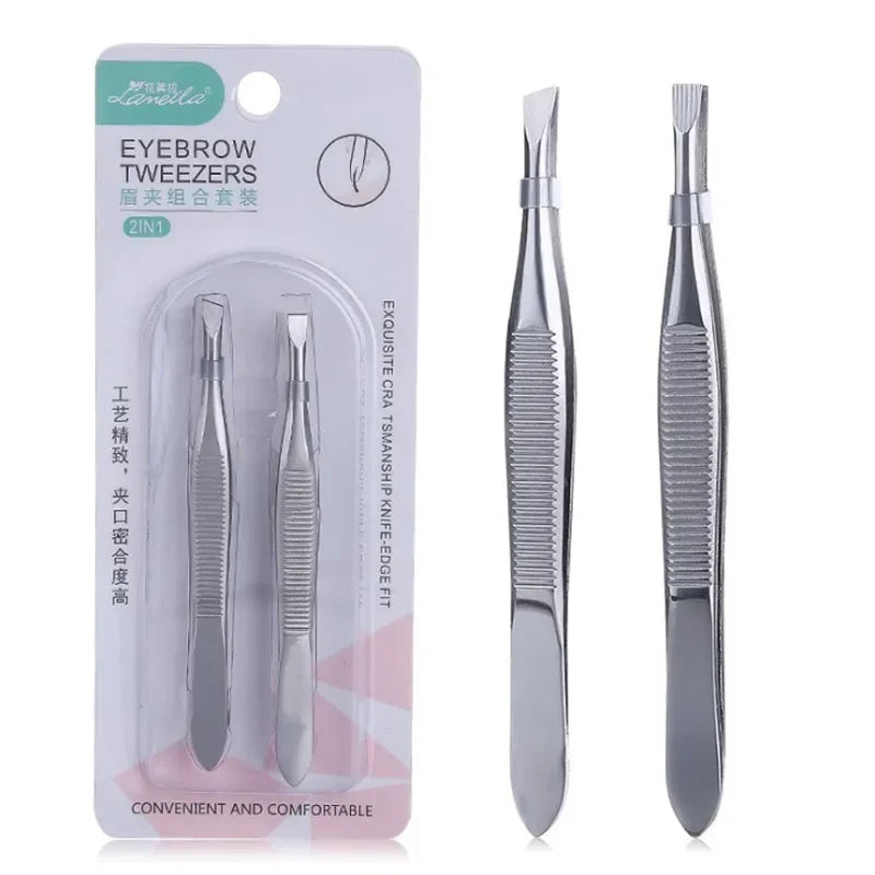 2Pcs/Set Professional Slanted/flat Stainless Steel Hair Removal Clip Eyebrow Face Hair Remover Tweezers Eyebrow Plucking Tools Qme