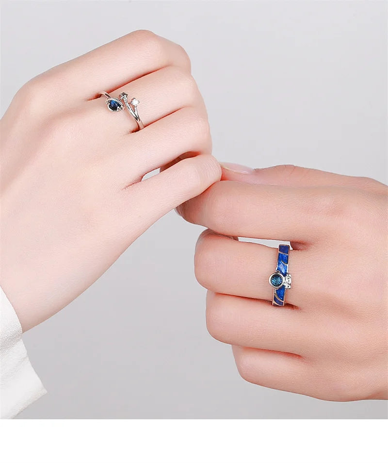 Luxury Exquisite Happy Planet Astronaut Spaceman Couple Rings Star Glass Stone Personality Open Pair Couple Birthday Gift Qme