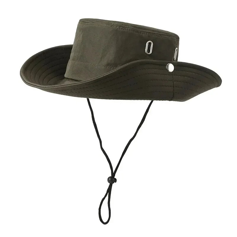 Windproof Men Outdoor Hat Wide Brim Flat Top Men Camping Hat Letter Print Anti-UV Strap Hollow Out Men Fisherman Hat Headwear Qme JL