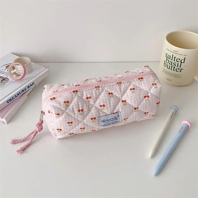 Cute Student Stationery Bag Ladies Cosmetic Bags Cherry Plaid Large Qme Pink