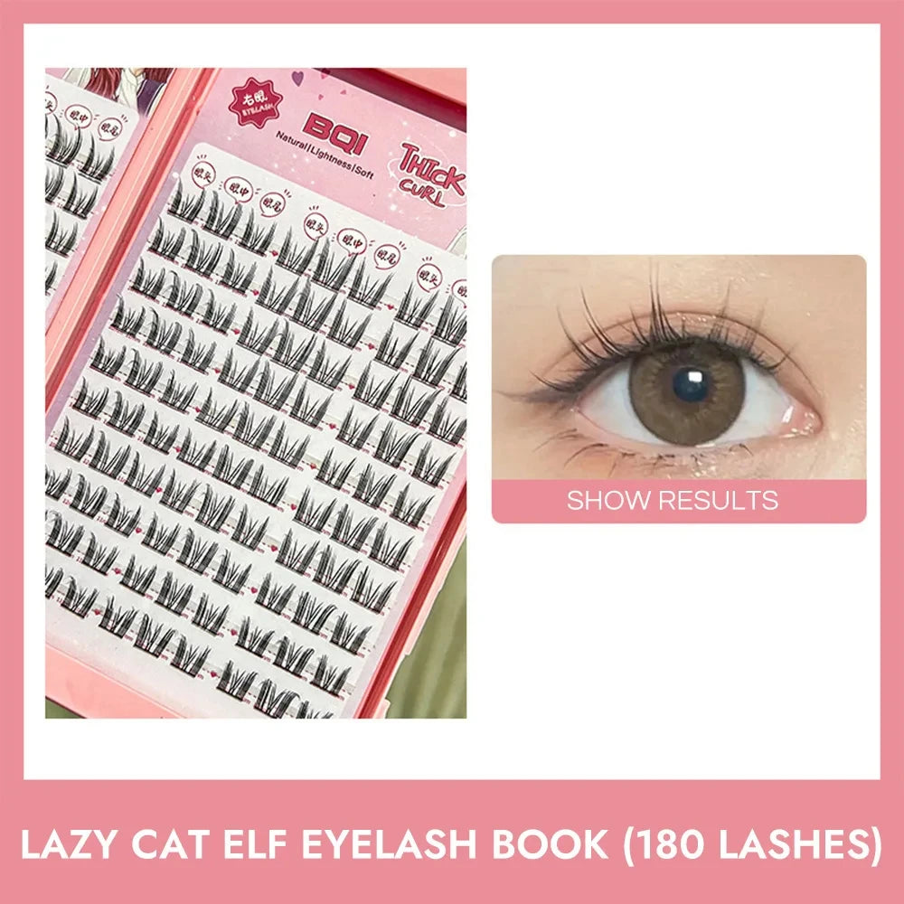 BQI Lazy Cat Elf Eyelashes Book 180pcs Large Capacity Enlarge Your Eyes Naturally DIY Lash Clusters Tweezer Set Qme