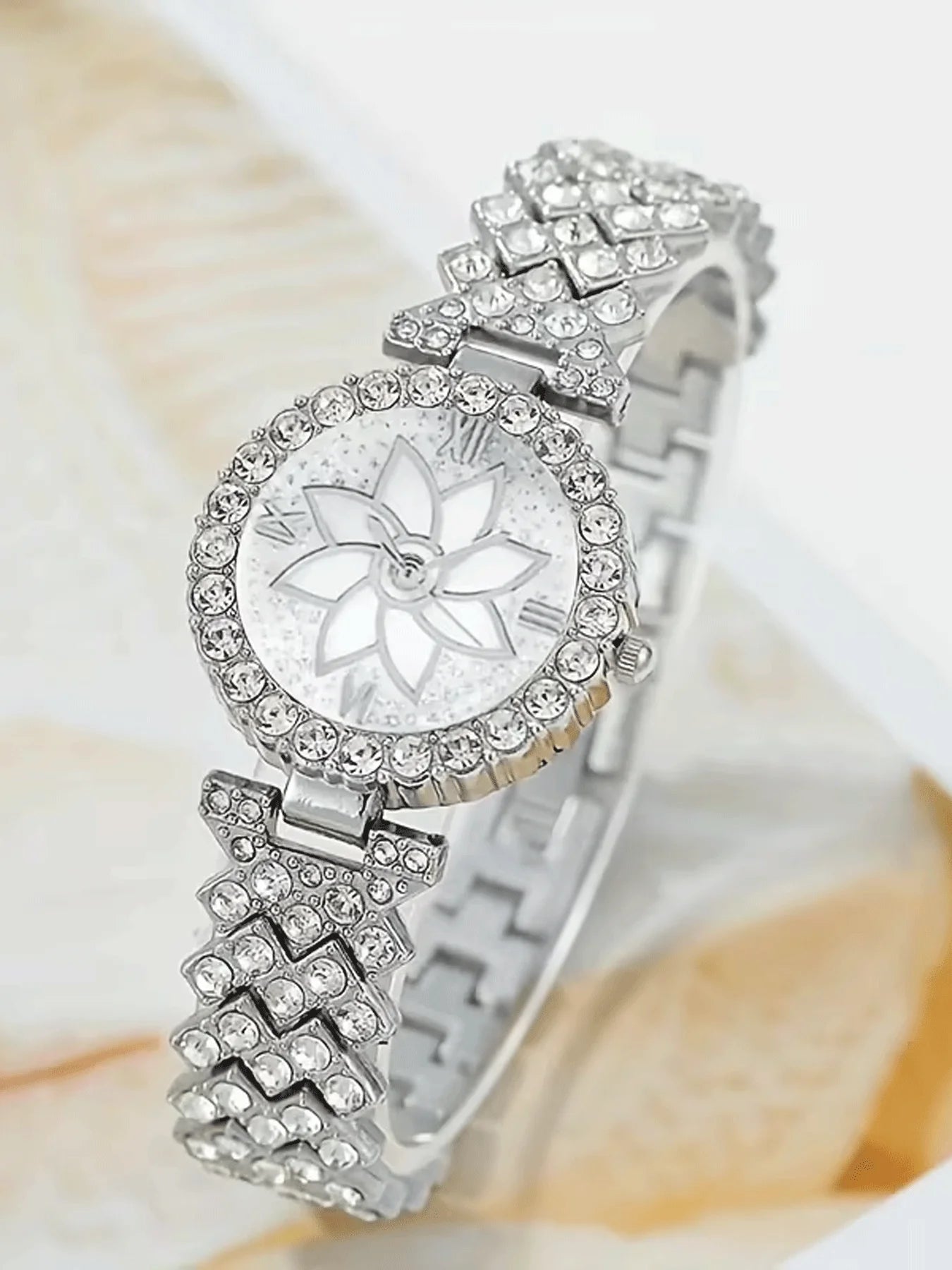 Women Silver Watch Bracelet Set, Full Rhinestone Lotus Dial Quartz Wristwatch + Multi-style Chain Stackable Bracelets JewelryKit Qme
