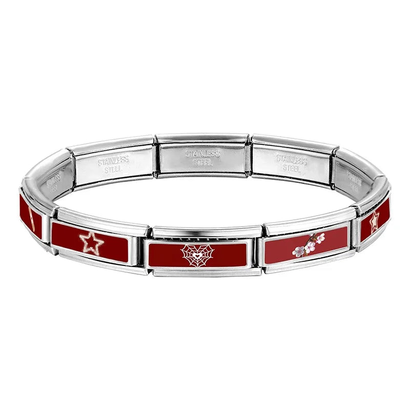 Fashion Personalized DIY Red Color Italian Charm Bracelet Stars Grids Bow Spider Web Bead 9mm Bracelet Stainless Steel Jewelrys Qme