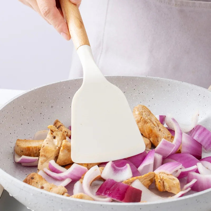 2/12Pcs White Silicone Kitchen Utensils Set with Wooden Handle,Cookware Spatula, Heat Resistant Non-stick Kitchen Cooking Tools Qme