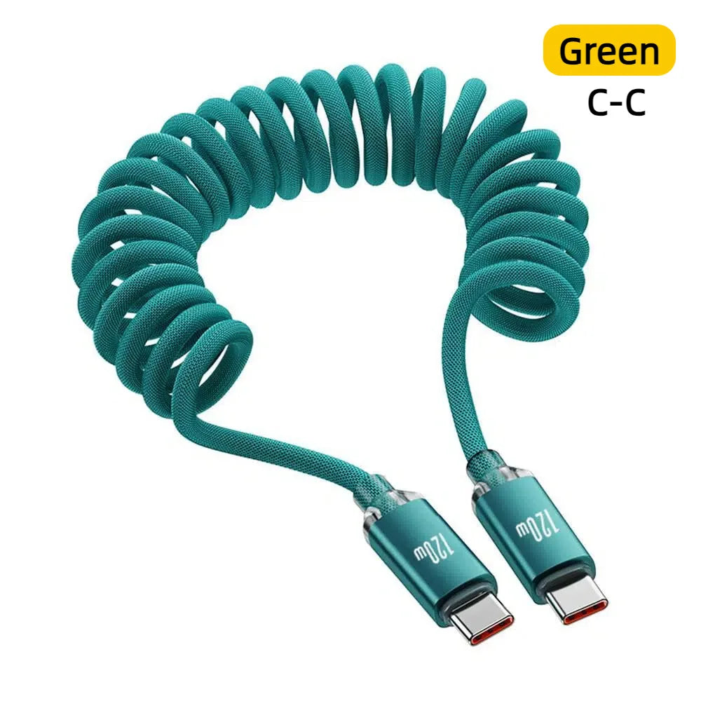 120W Car Spring Cable USB Type C Cable Retractable Spring Fast Charging Data Cord Dual PD Quick Charge Cable For iPhone Samsung Qme green C-C 2m