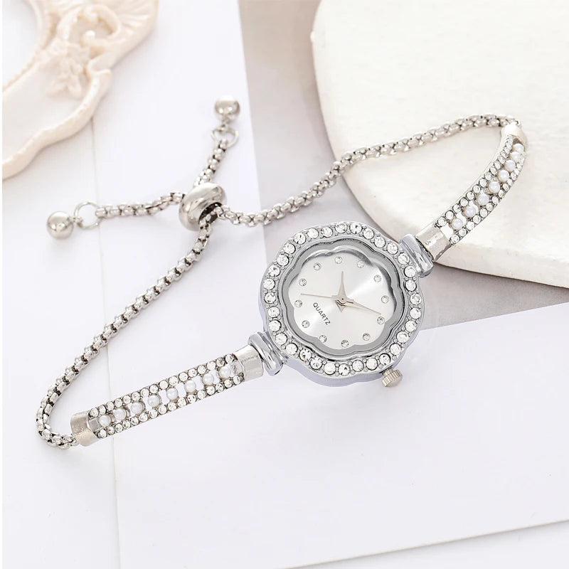 1pcs Floral Colorful Dial Fashion Small Light Luxury Pearl Strap Women's Watch Features Pulling Bracelet Qme