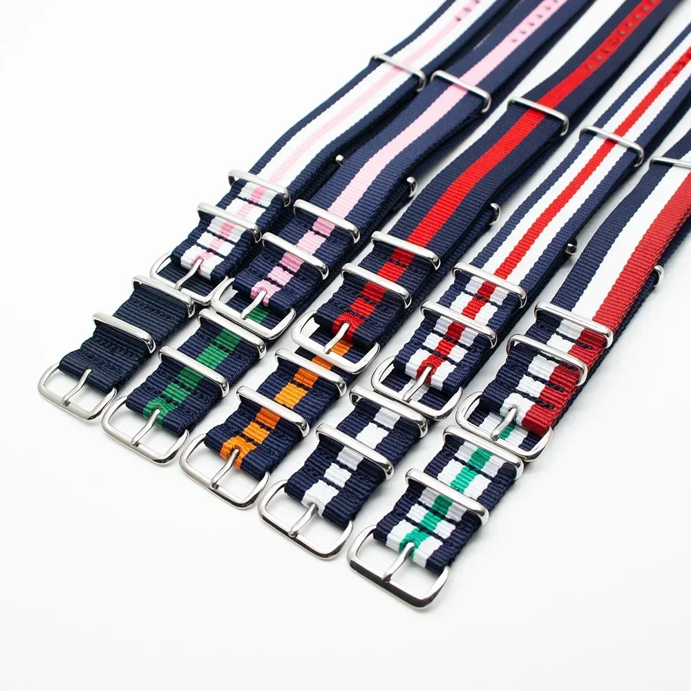 Durable Striped Nylon Wristband Bracelet Style Watch Band 18MM 20MM 22MM 24MM Universal Strap for Sport Casual Watches Qme