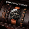 4-piece men's versatile fashion watch set, business binocular quartz watch set Qme Coffee No