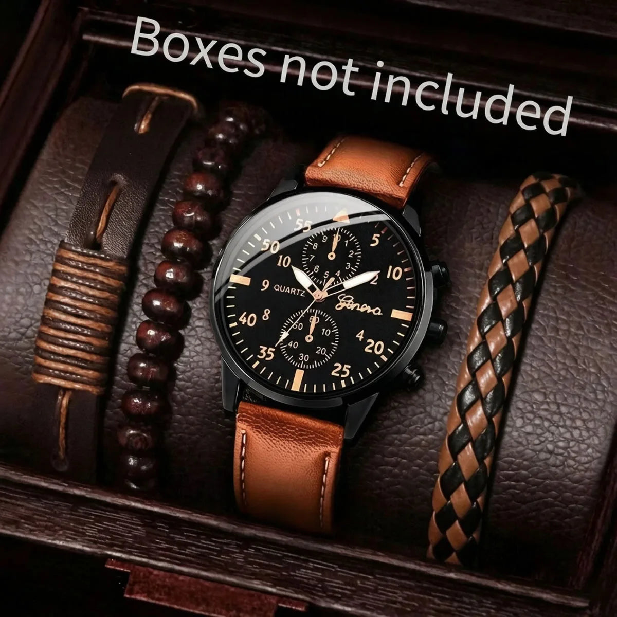 4-piece men's versatile fashion watch set, business binocular quartz watch set Qme Coffee No
