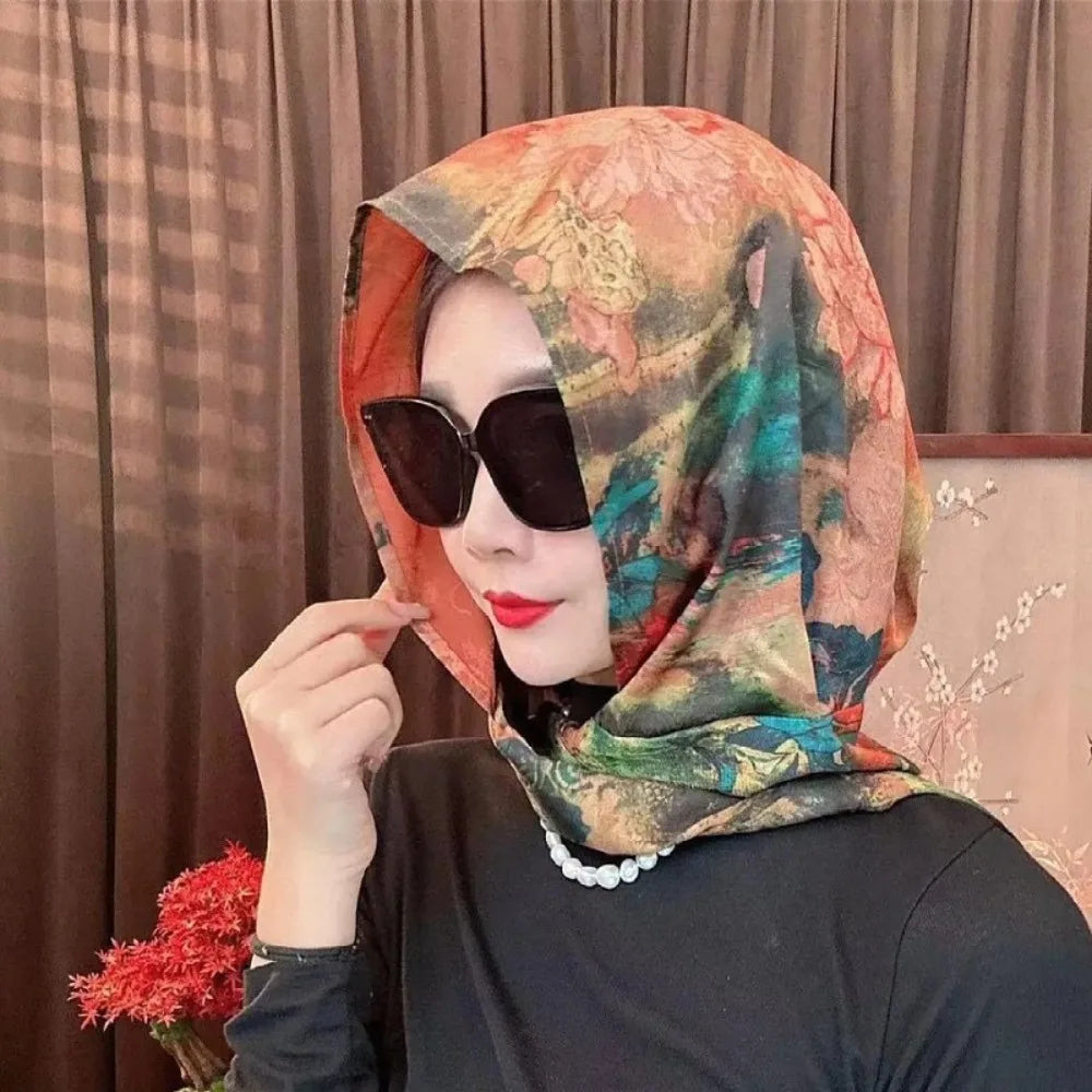 Headkerchief Elegant Printed Turban Hat Painting Cotton Linen Loom Silk Scarf Hat Sunscreen Polyester Women's Headscarf Beach Qme Style14